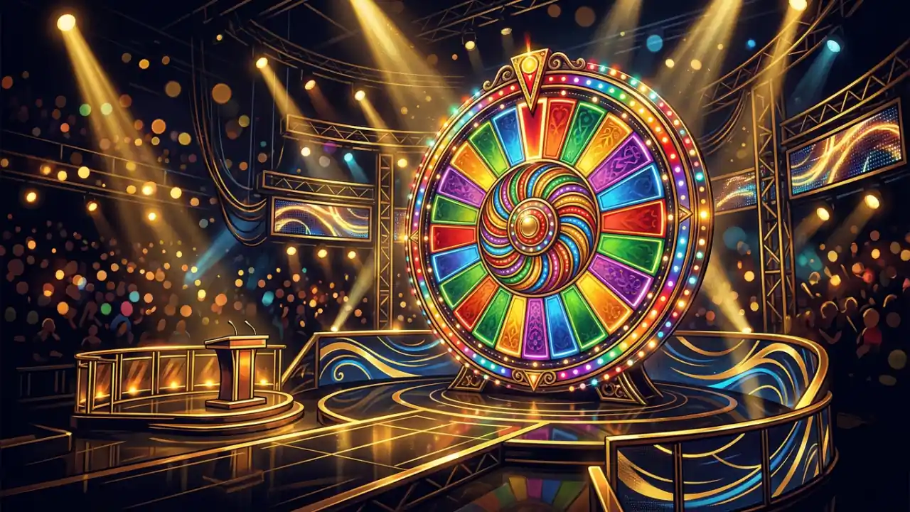Live casino game show with wheel and energetic studio host